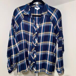 J Jill Plaid Button Down Shirt Navy Blue‎ Yellow Pink Long Sleeve Women's S